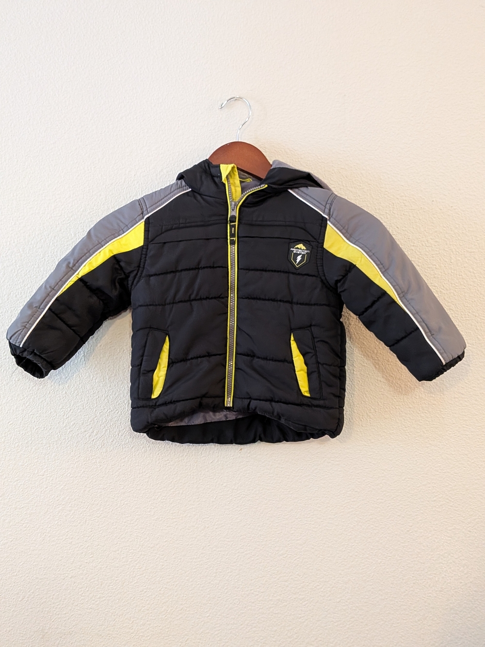 Kids Hooded Puffer Jacket - Black with Yellow & Gray Accents